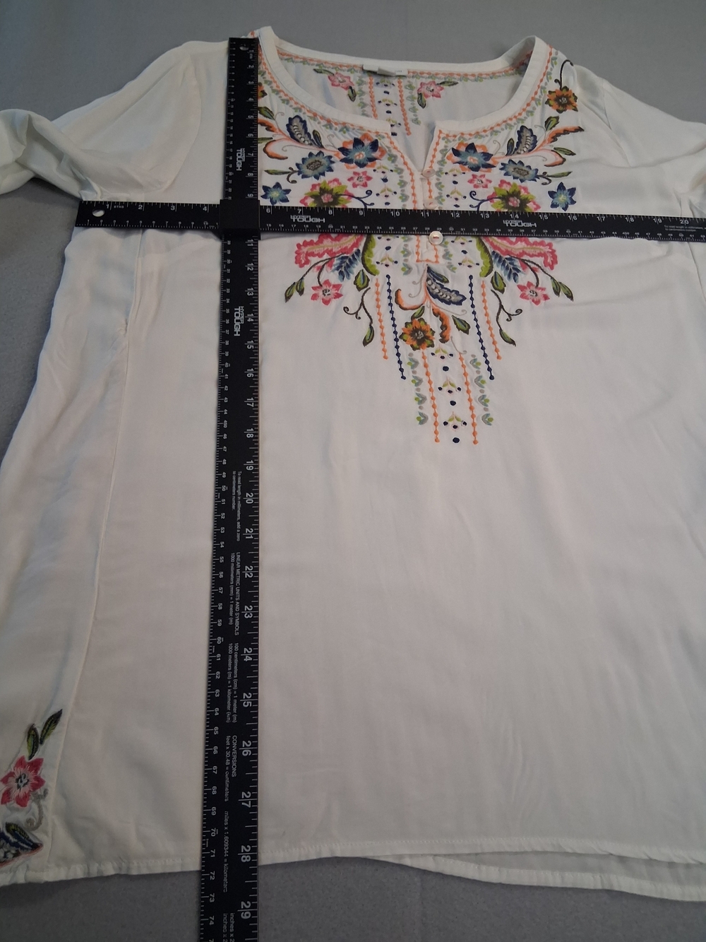 J. Jill Petite Large White Embroidered Boho Peasant Tunic Top Floral 3/4 Sleeve - Picture 6 of 8